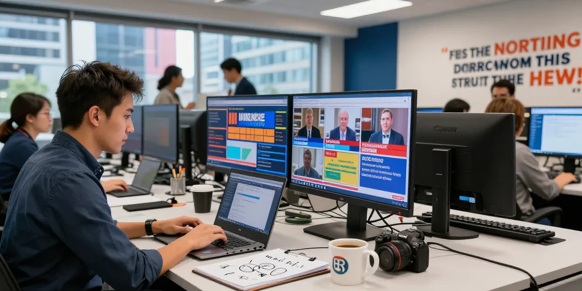 Journalist reporting live news at https://www.theindaily.com in a bustling newsroom.