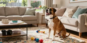 Playful Great Dane and Boxer mix enjoying home life at https://indigoboxersndanes.com/ on a colorful rug.