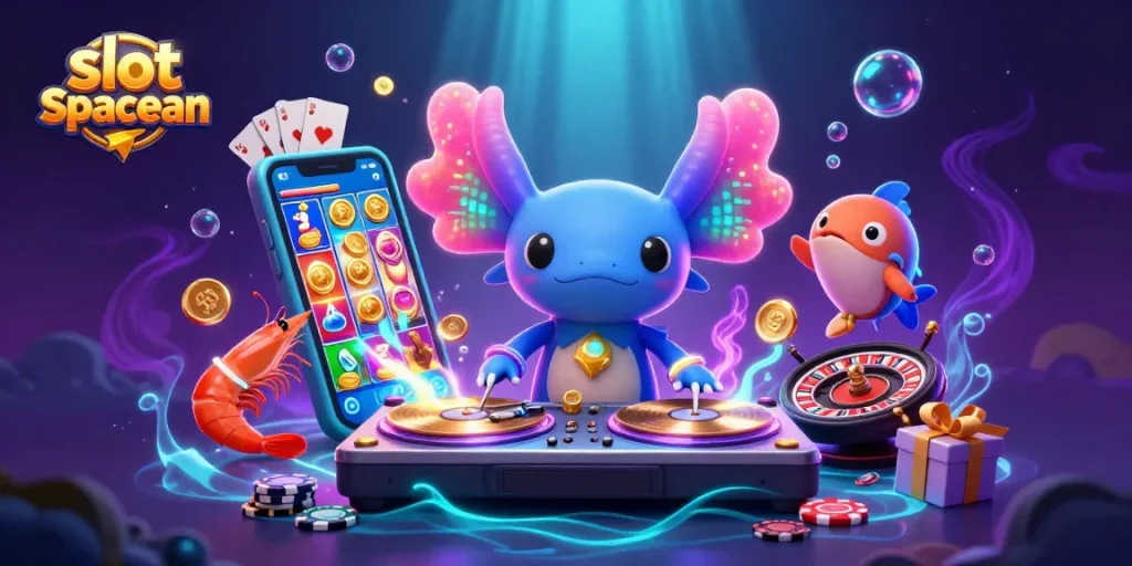 Experience the excitement of slot spaceman as the neon DJ and shrimp crew celebrate casino wins!