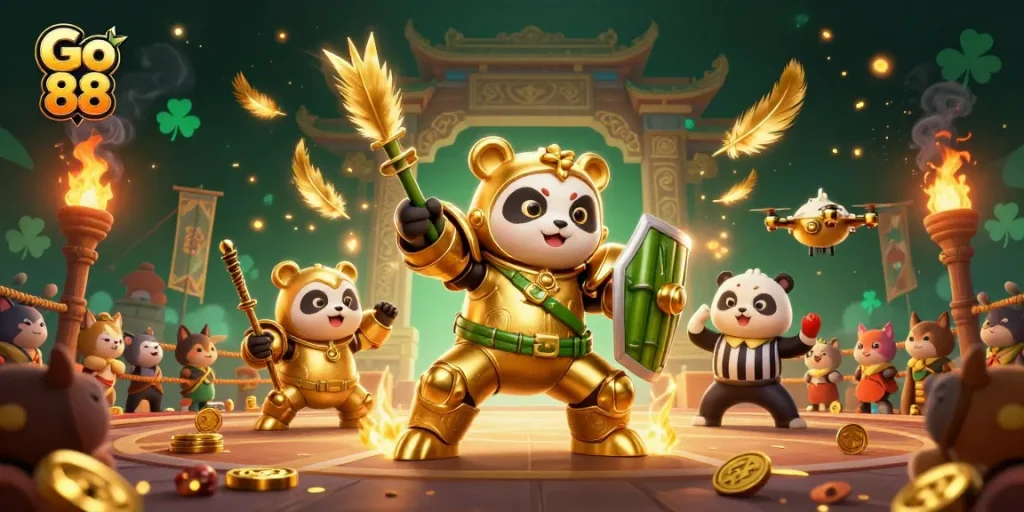 Experience the thrill of Go 88 as the mech-suit panda battles in a vibrant, dynamic casino arena.